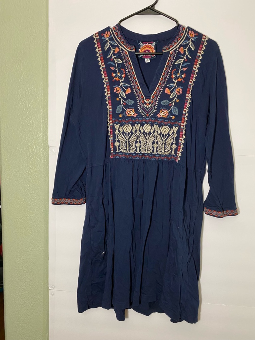 Johnny Was Navy Embroidered Long-Sleeve Tunic Dress Medium PTP 20